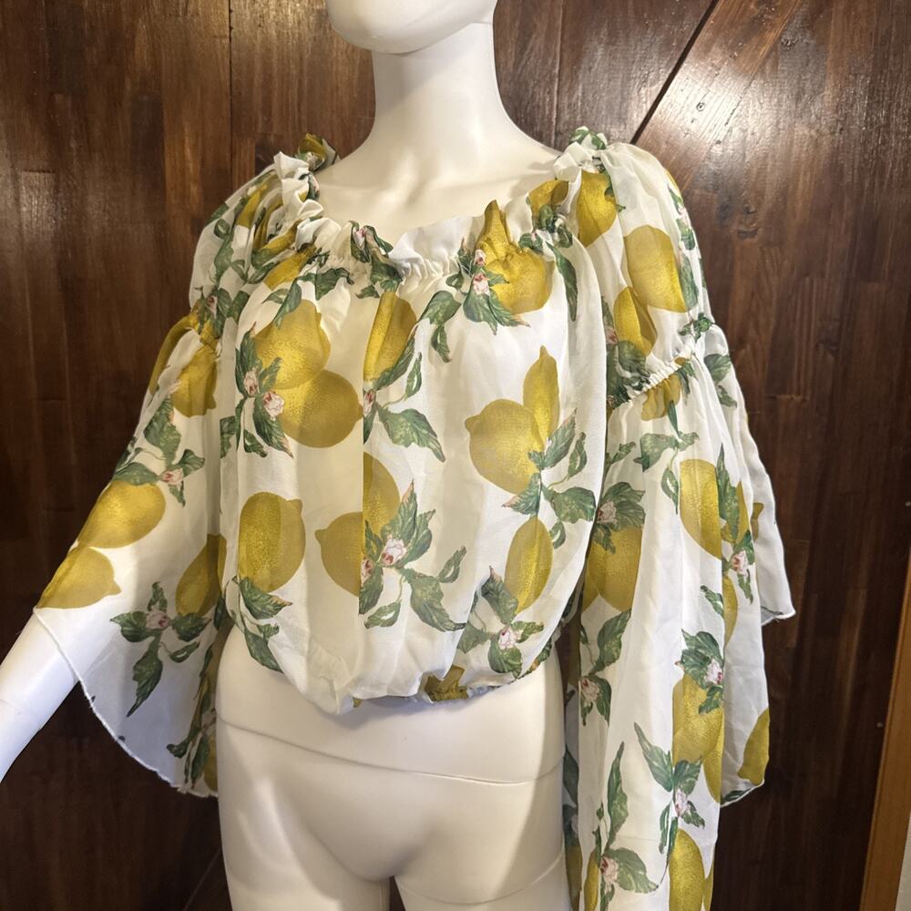 Ashley Stewart Sheer Lemon Print Off Shoulder Blouse Top 14/16 Plus Flowy Sleeve - Picture 5 of 10